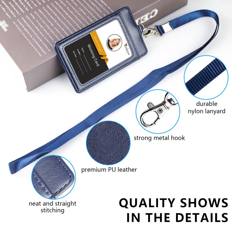 Teskyer Badge Holder with Lanyard, Leather ID Name Badge Card Holder with Lanyard for ID Badges, Vertical Blue - Image 3